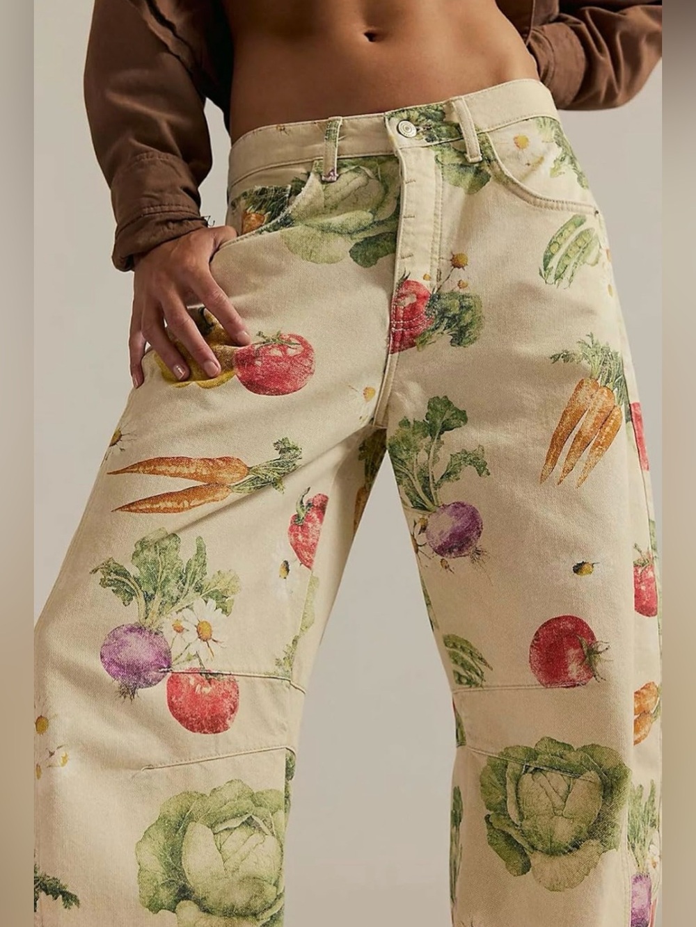 Womens Cream Vegetable-Print Wide Leg Jeans